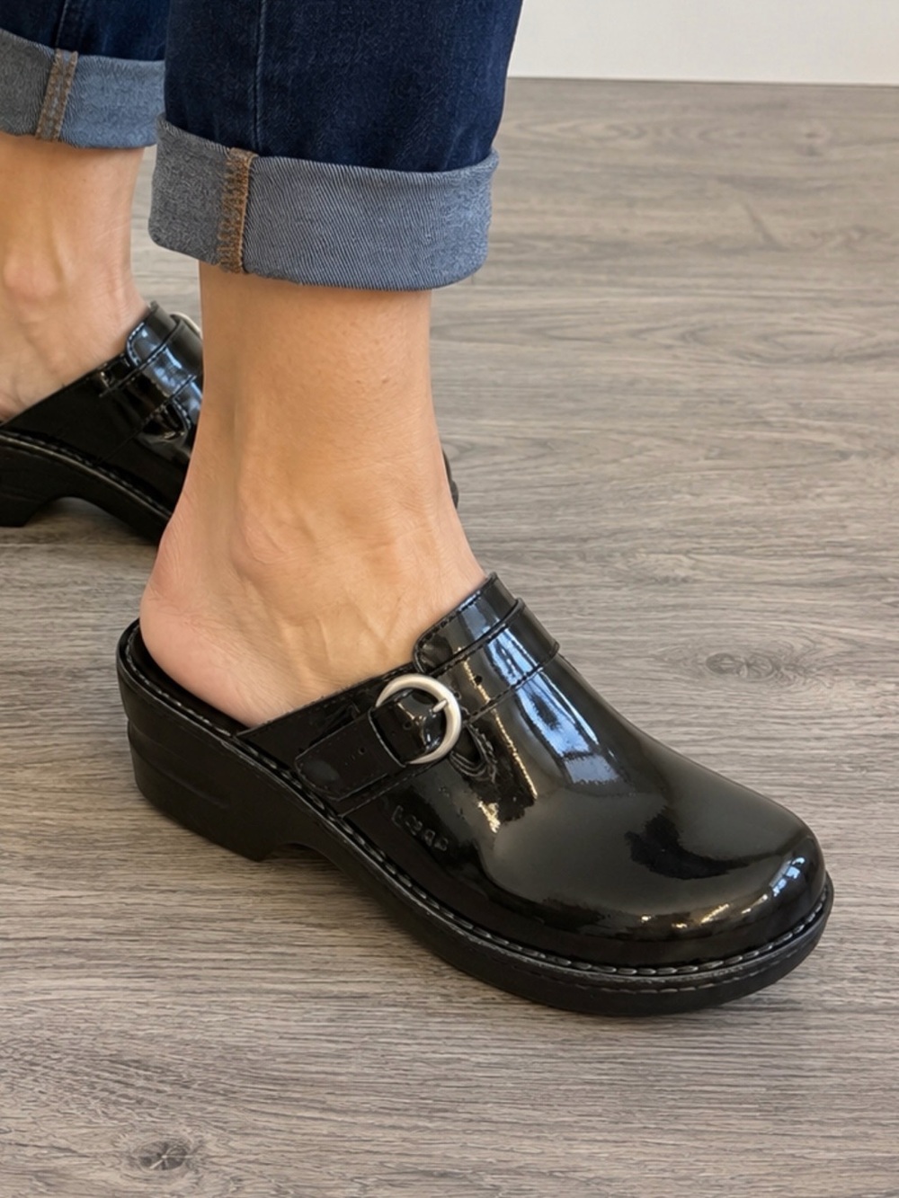Patent Black Slip-On Mule Clog with Decorative Buckle